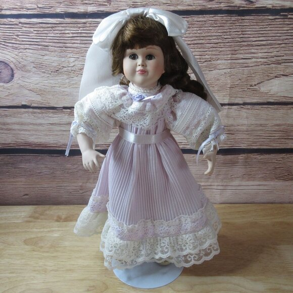 Paradise Galleries 14" Porcelain Doll Victorian Style Dress with Stand - Picture 2 of 10